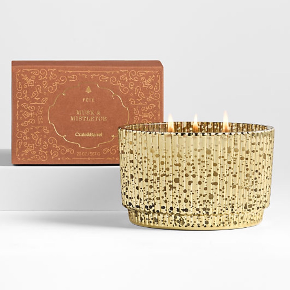 New! 🕯️🪵✨Crate&Barrel Gold Woodside 3-Wick Scented Candle